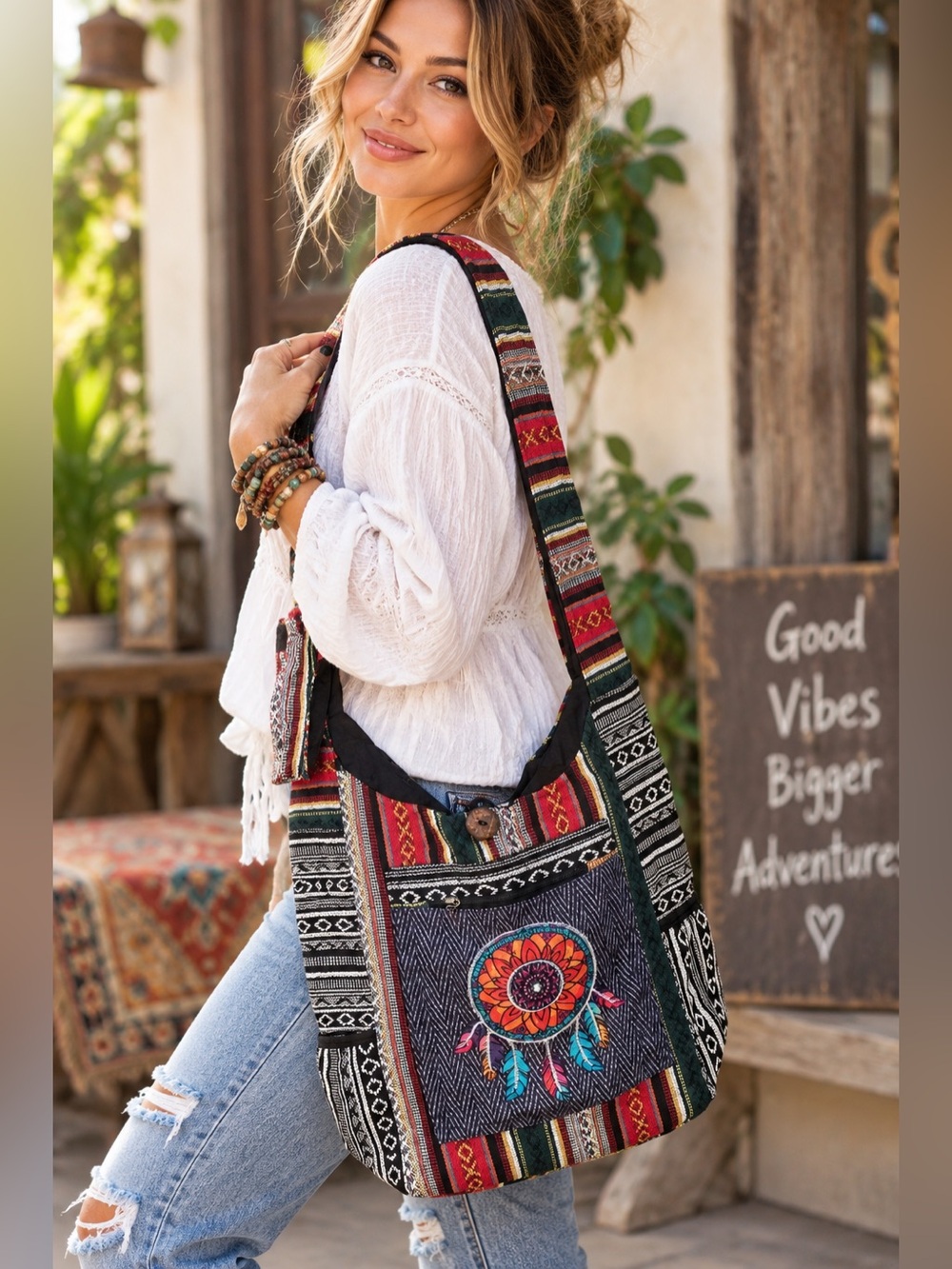 NWT Rising International Nepal Boho Crossbody Bag Dreamcatcher Multicolor
